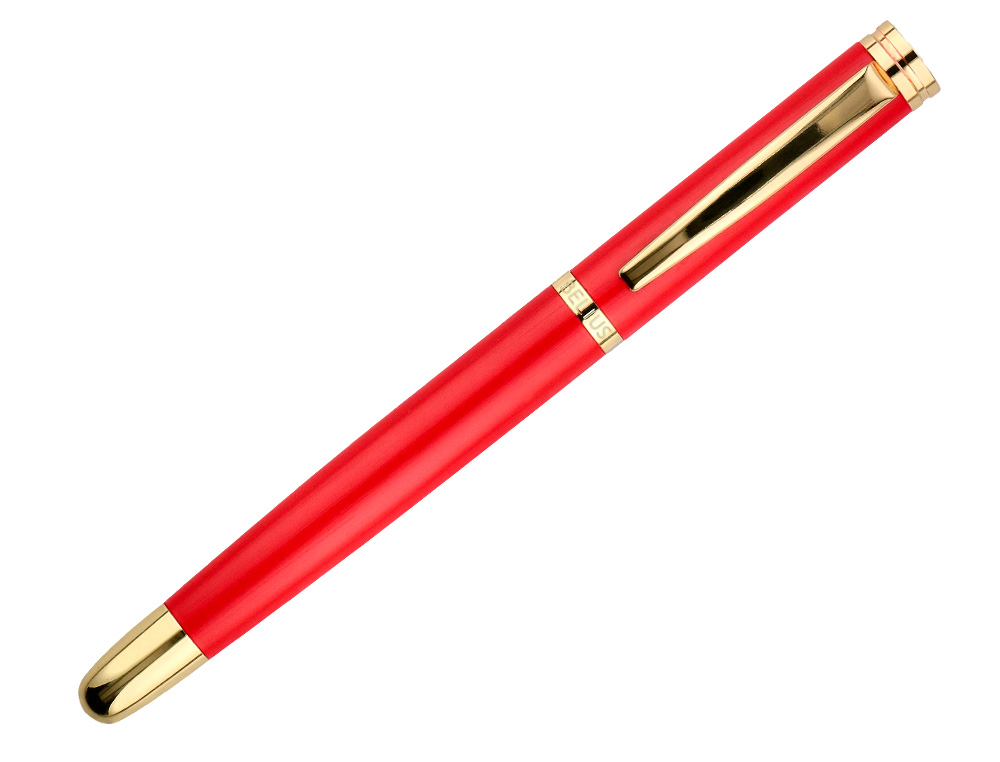 STYLO-BILLE ET ETUI EN SIMILI CUIR BELIUS PASSION ALUMINIUM BROSSE ATTRIBUTS OR ENCRE BLEUE COLORIS ROUGE COFFRET CADEAU