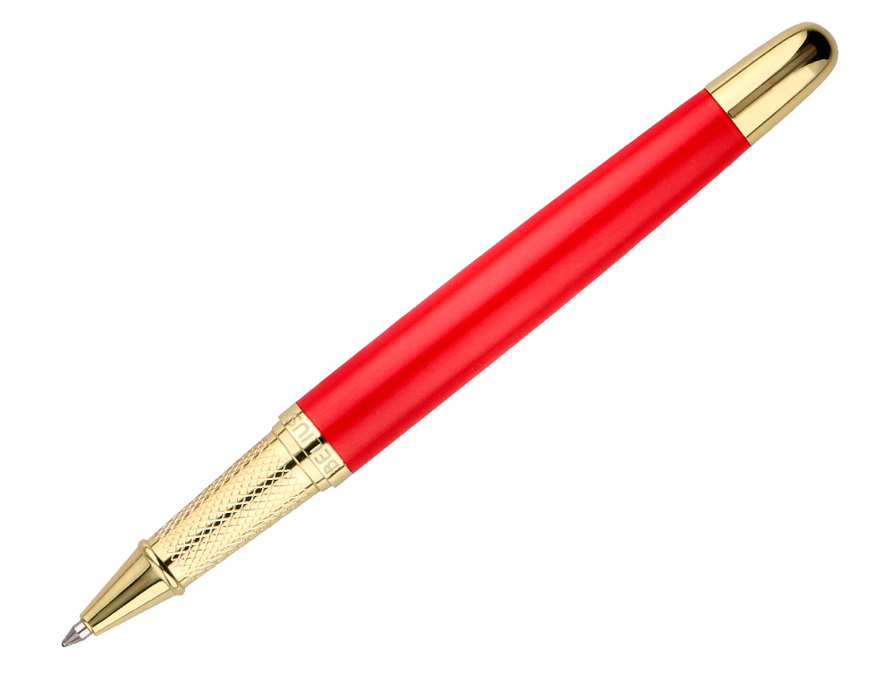 STYLO-BILLE ET ETUI EN SIMILI CUIR BELIUS PASSION ALUMINIUM BROSSE ATTRIBUTS OR ENCRE BLEUE COLORIS ROUGE COFFRET CADEAU