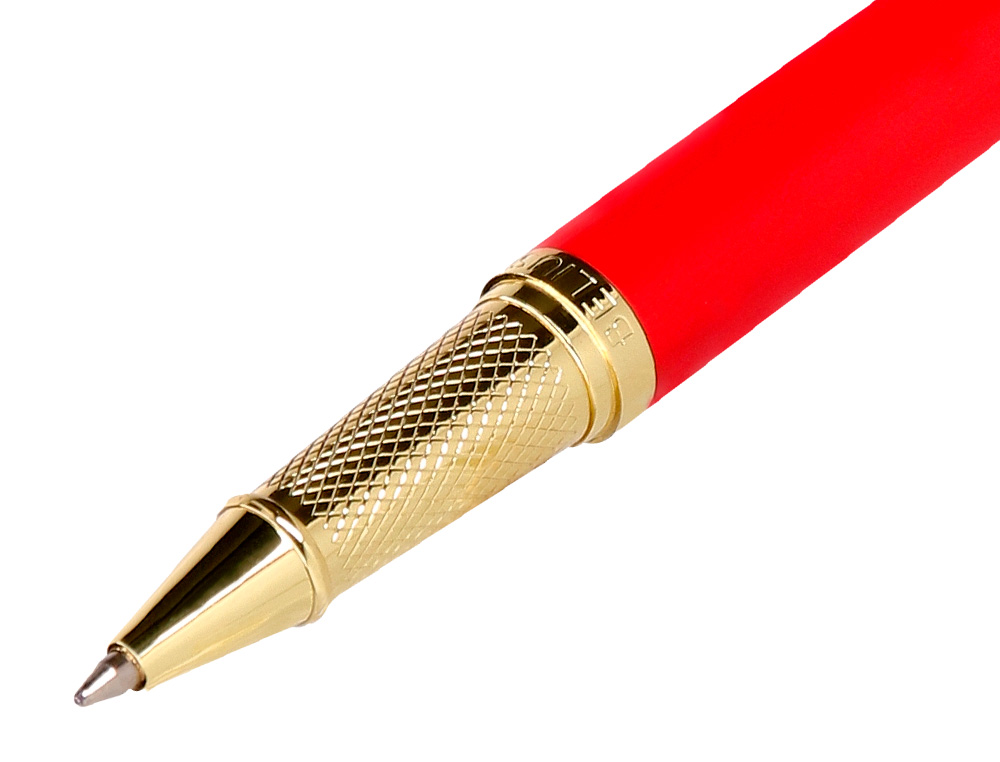 STYLO-BILLE ET ETUI EN SIMILI CUIR BELIUS PASSION ALUMINIUM BROSSE ATTRIBUTS OR ENCRE BLEUE COLORIS ROUGE COFFRET CADEAU
