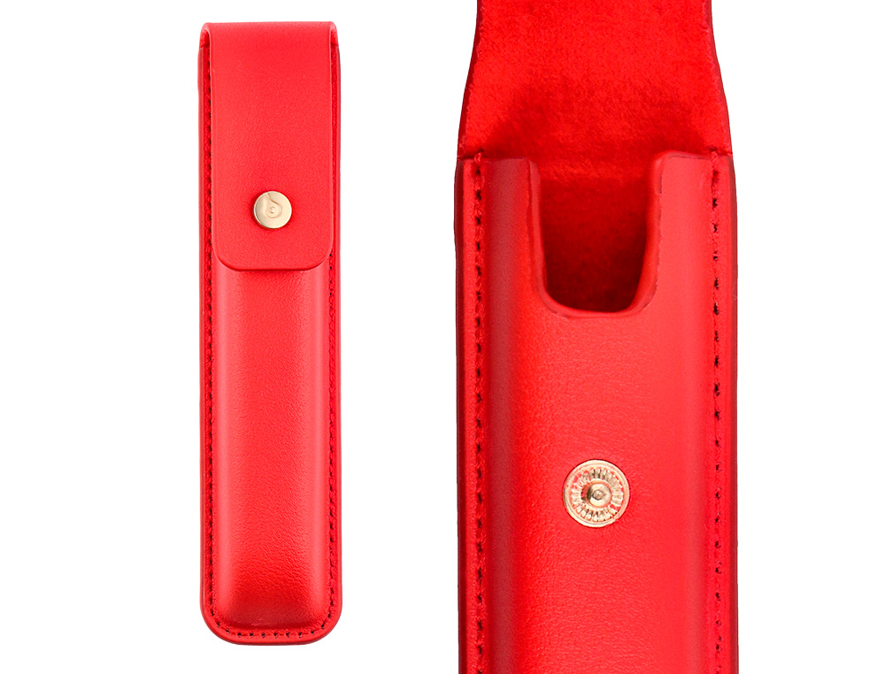 STYLO-BILLE ET ETUI EN SIMILI CUIR BELIUS PASSION ALUMINIUM BROSSE ATTRIBUTS OR ENCRE BLEUE COLORIS ROUGE COFFRET CADEAU