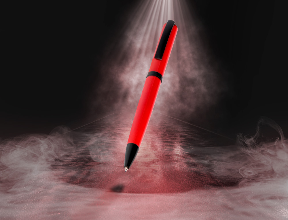STYLO-BILLE BELIUS TURBO ALUMINIUM TEXTURE POINTILLEE ATTRIBUTS NOIR ENCRE BLEUE COLORIS ROUGE DANS COFFRET CADEAU
