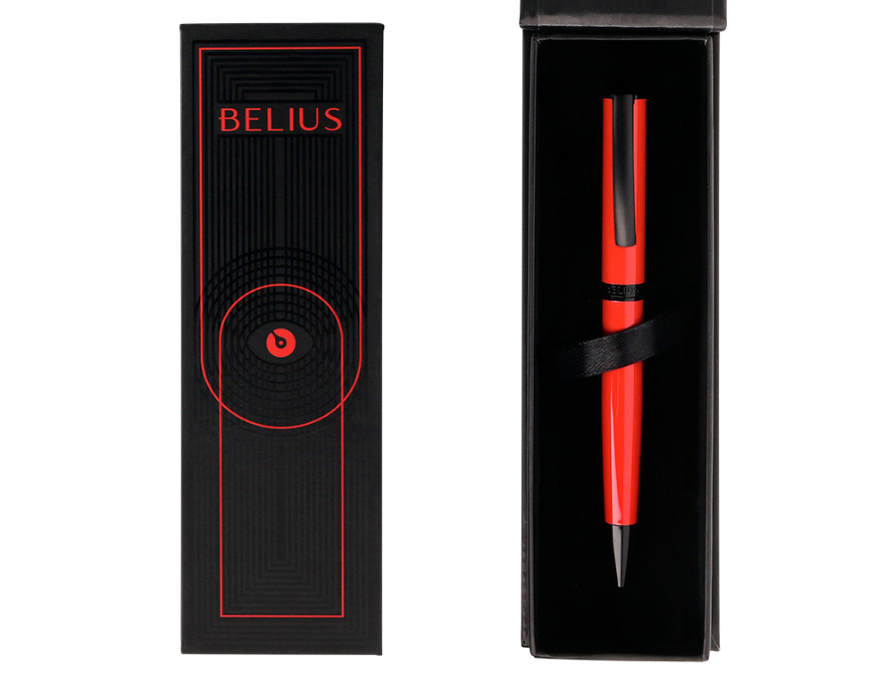 STYLO-BILLE BELIUS TURBO ALUMINIUM TEXTURE POINTILLEE ATTRIBUTS NOIR ENCRE BLEUE COLORIS ROUGE DANS COFFRET CADEAU