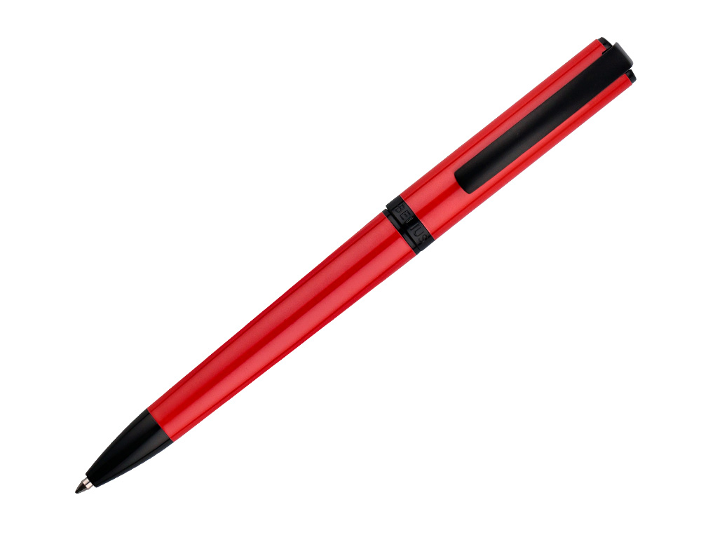 STYLO-BILLE BELIUS TURBO ALUMINIUM TEXTURE POINTILLEE ATTRIBUTS NOIR ENCRE BLEUE COLORIS ROUGE DANS COFFRET CADEAU