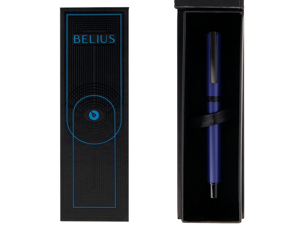 ROLLER BELIUS TURBO ALUMINIUM TEXTURE POINTILLEE ATTRIBUTS  NOIR ENCRE BLEUE COLORIS BLEU DANS COFFRET CADEAU