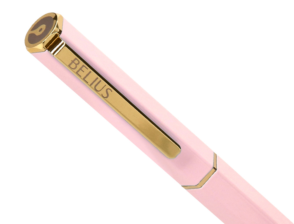 STYLO-BILLE BELIUS MACARON BLISS HEXAGONAL ALUMINIUM DETAILS ET ATTRIBUTS OR ENCRE BLEUE COLORIS ROSE COFFRET CADEAU