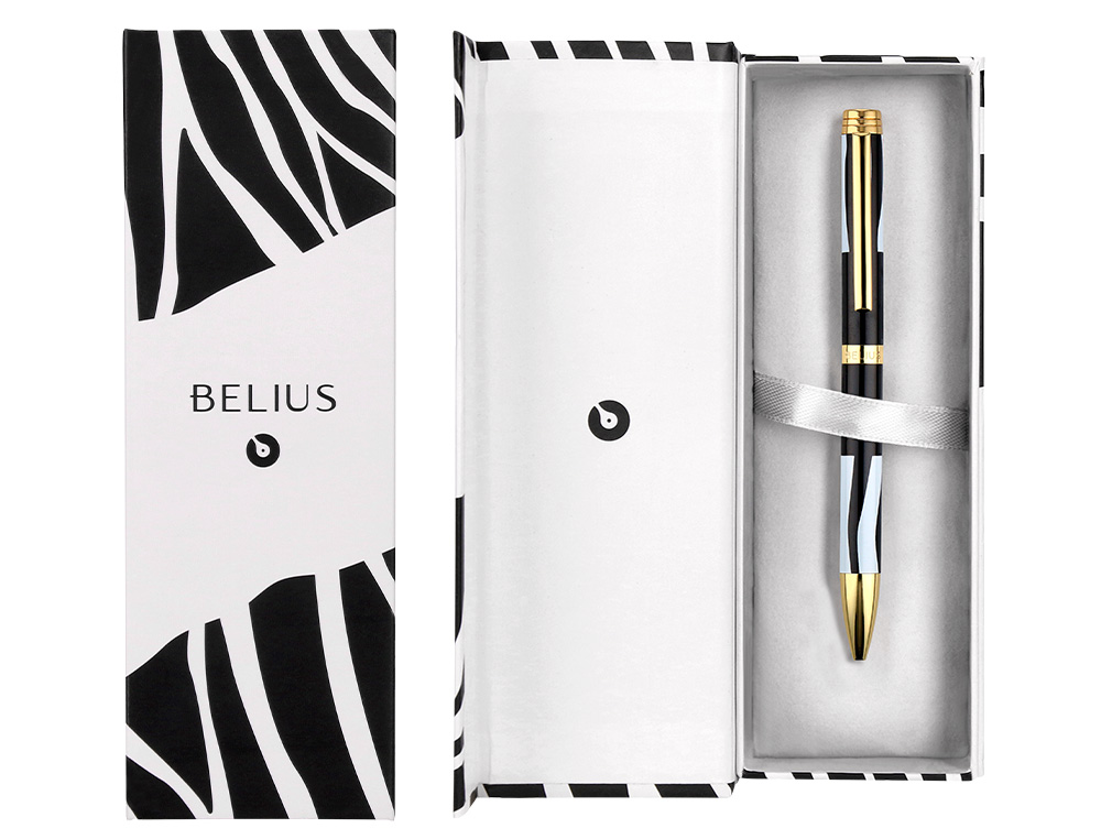STYLO-BILLE BELIUS B&W ALUMINIUM ATTRIBUTS OR ENCRE  BLEUE COLORIS BLANC ZEBRURES  NOIRES DANS COFFRET CADEAU