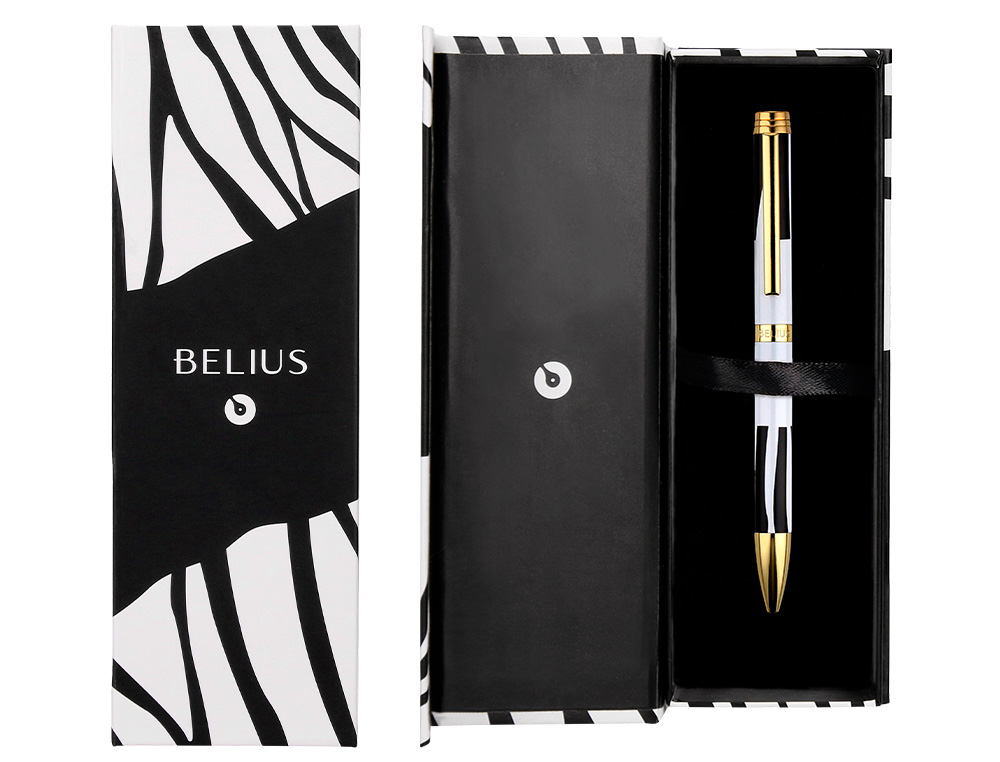 STYLO-BILLE BELIUS B&W ALUMINIUM ATTRIBUTS OR ENCRE  BLEUE COLORIS NOIR ZEBRURES   BLANCHES DANS COFFRET CADEAU