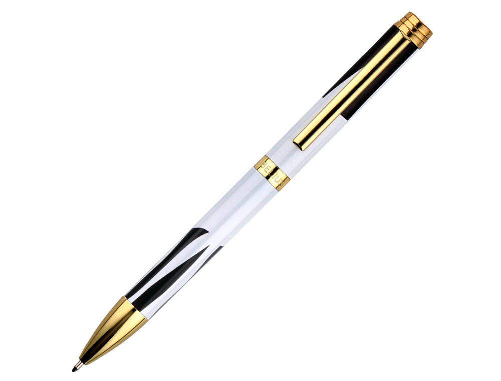 STYLO-BILLE BELIUS B&W ALUMINIUM ATTRIBUTS OR ENCRE  BLEUE COLORIS NOIR ZEBRURES   BLANCHES DANS COFFRET CADEAU