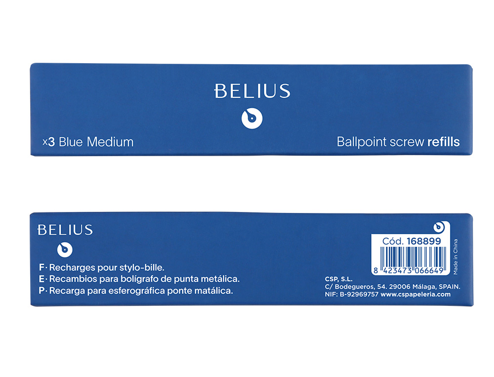 RECHARGE STYLO-BILLE BELIUS ENCRE BLEUE POINTE 0,8MM      BOITE 3 UNITES