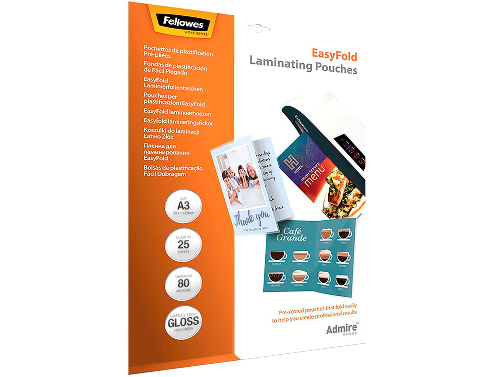 POCHETTES PLASTIFICATION FELLOWES ADMIRE POLYESTER TRANSPARENT RESISTANT EAU FORMAT A3 80 MICRONS BT DE 25