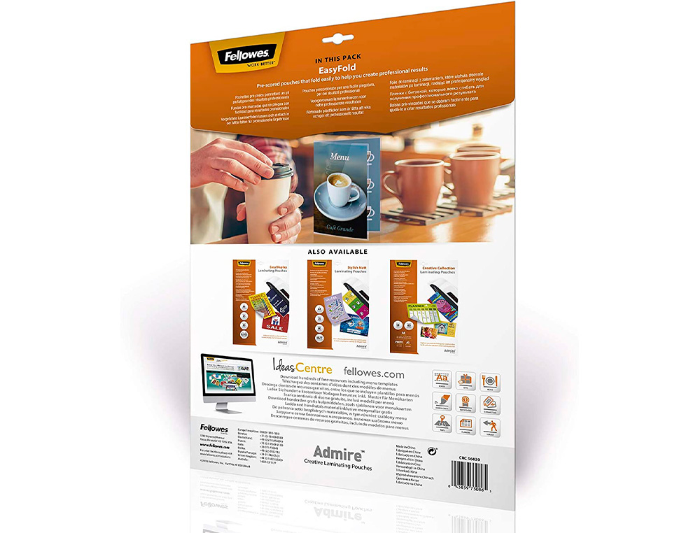 POCHETTES PLASTIFICATION FELLOWES ADMIRE POLYESTER TRANSPARENT RESISTANT EAU FORMAT A3 80 MICRONS BT DE 25