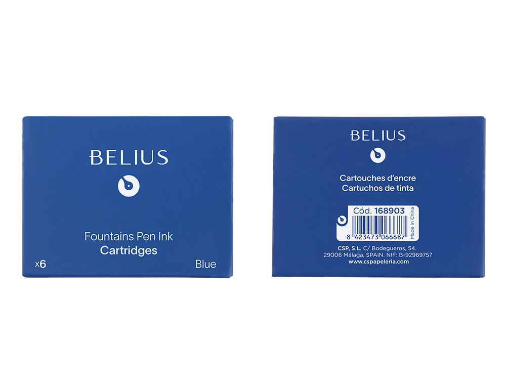 RECHARGE STYLO-PLUME BELIUS ENCRE COLORIS BLEUE BOITE 6   CARTOUCHES