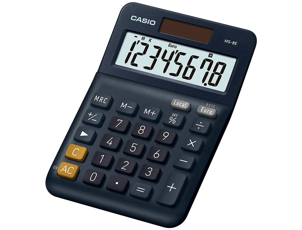 CALCULATRICE CASIO BUREAU MS8E GRAN ECRAN 8 CHIFFRES    EURO CONVERTISSEUR MEMOIRE    SOLAIRE/PILE COULEUR BLEU