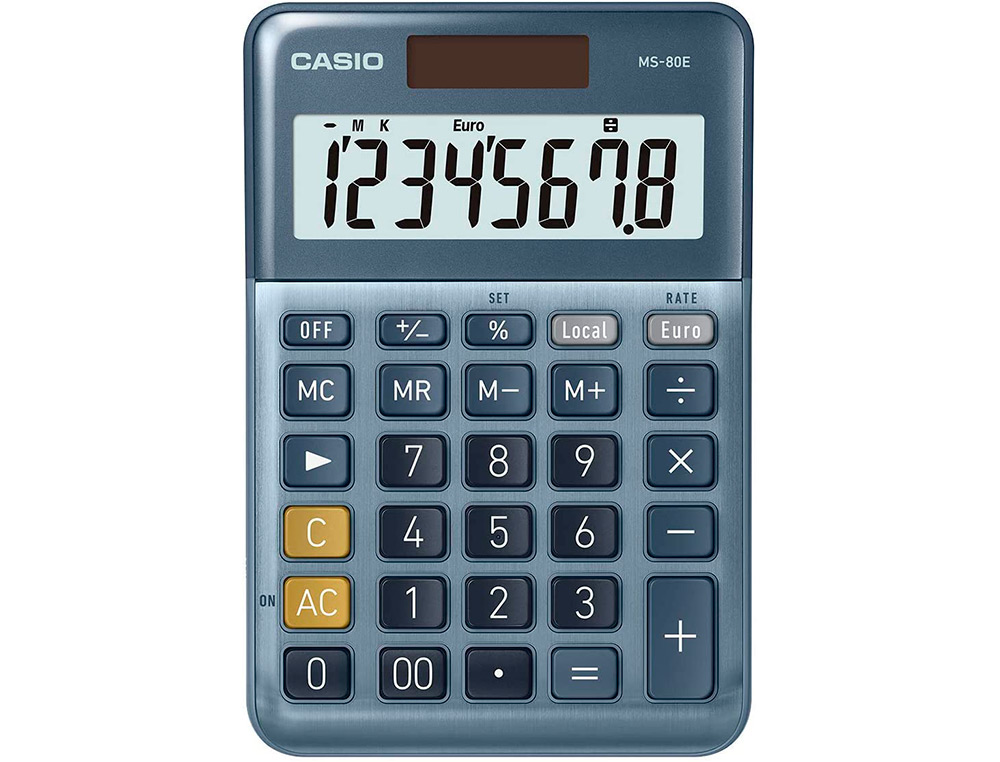 CALCULATRICE CASIO BUREAU MS80E GRAN ECRAN 8 CHIFFRES EURO CONVERTISSEUR MEMOIRE SOLAIRE/PILE COULEUR BLEU