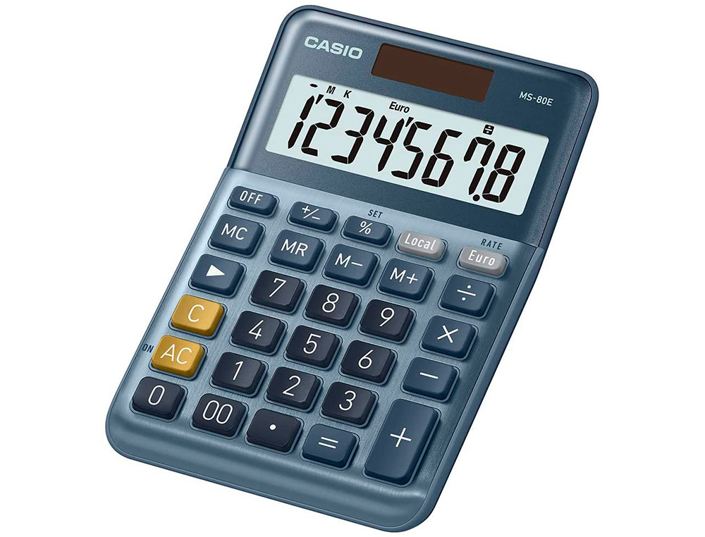 CALCULATRICE CASIO BUREAU MS80E GRAN ECRAN 8 CHIFFRES EURO CONVERTISSEUR MEMOIRE SOLAIRE/PILE COULEUR BLEU