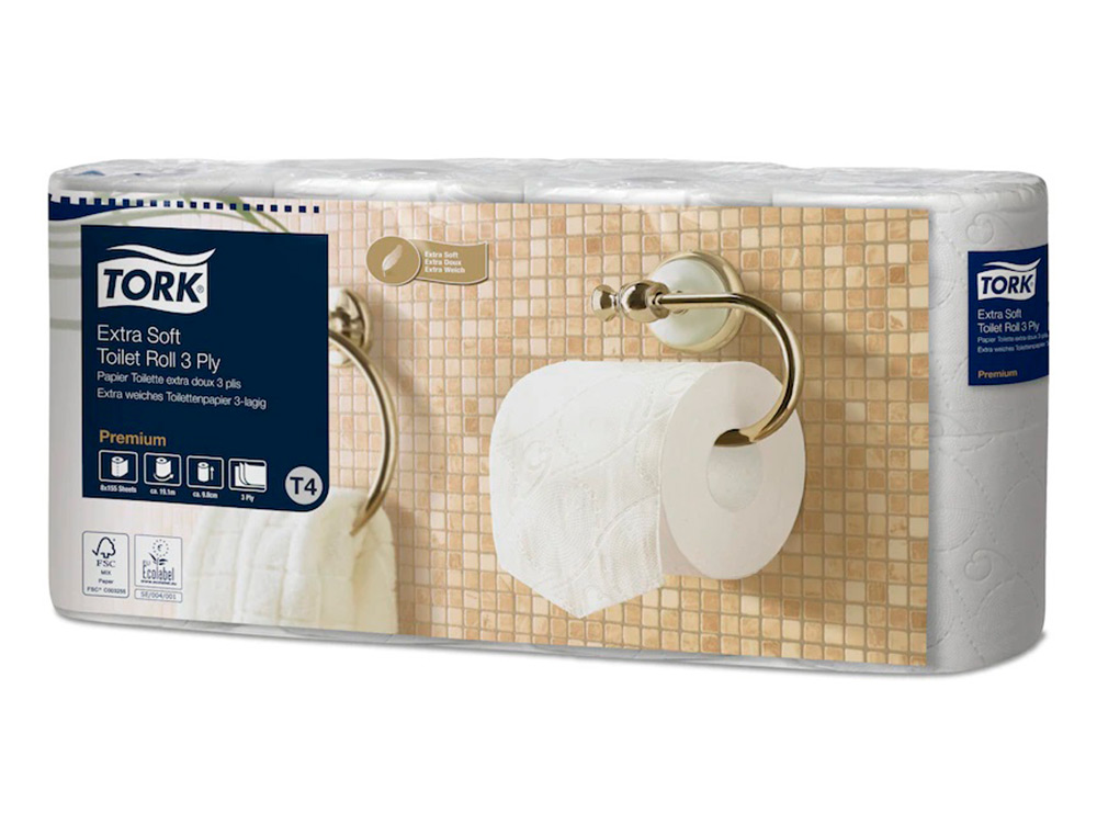 PAPIER TOILETTE TORK PREMIUM ROULEAU TRADITIONNEL EXTRA    DOUX  155F 3PLIS ECOLABEL     PAQUET DE 8 ROULEAUX