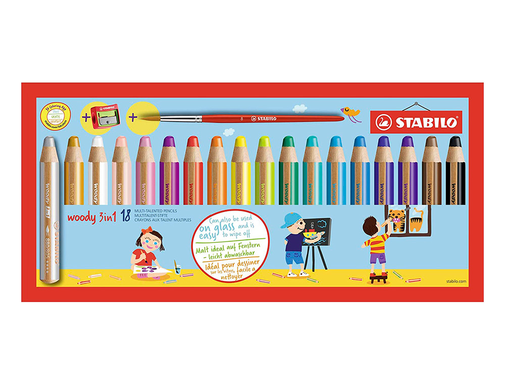 CRAYON COULEUR STABILO WOODY MULTI TALENT 18 CRAYONS 3 EN 1 ARTY +1 PINCEAU ROND TAILLE 8 + 1 TAILLE CRAYON