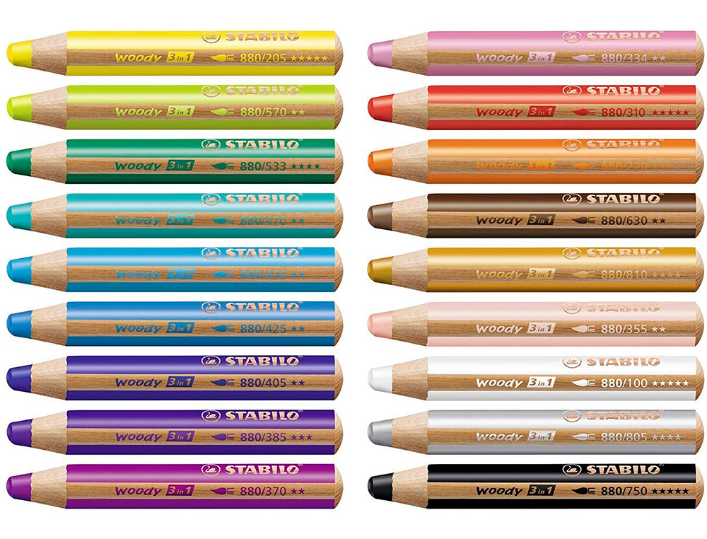 CRAYON COULEUR STABILO WOODY MULTI TALENT 18 CRAYONS 3 EN 1 ARTY +1 PINCEAU ROND TAILLE 8 + 1 TAILLE CRAYON