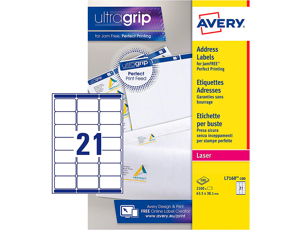 ETIQUETTE AUTOCOLLANTE AVERY ADRESSE LASER BLANC 63,5 X 72MM BOITE DE 1200