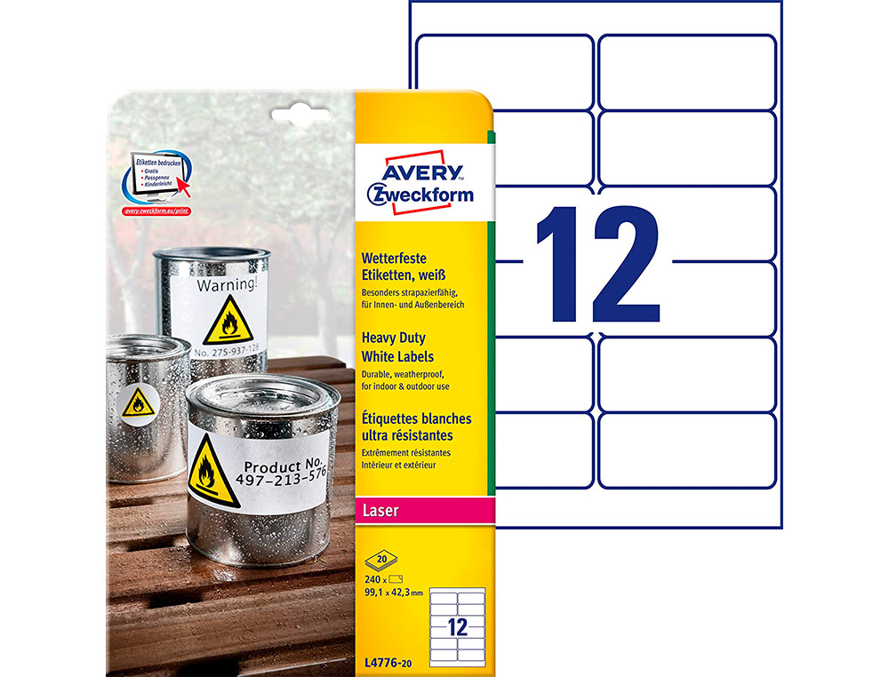 ETIQUETTE AVERY ULTRA RESISTANTES POLYESTER LASER   BLANC 99,1 X 42,3MM BOITE DE  240