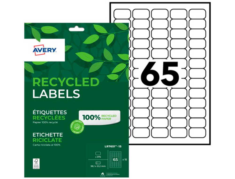 ETIQUETTE AUTOCOLLANTE AVERY ADRESSE RECYCLEE LASER BLANC  38,1 X 21,2MM BOITE DE 975