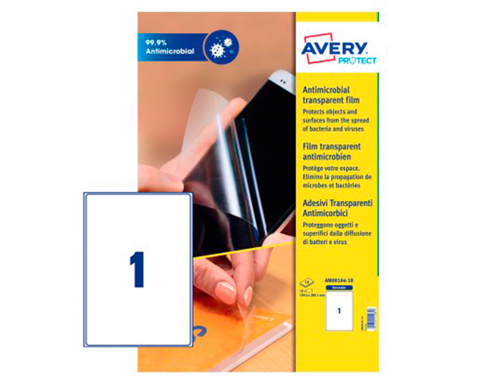 FILMS AVERY ANTIMICROBIENS ADHESIF AMOVIBLE 199,6X289,1MM BOITE DE 10