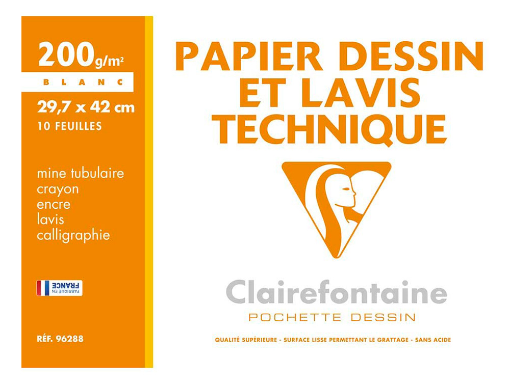 POCHETTE DESSIN ET LAVIS CLAIREFONTAINE PAPIER 200G    SURFACE LISSE FORMAT . FORMAT A3 29,7 X 42CM 10 FEUILLES