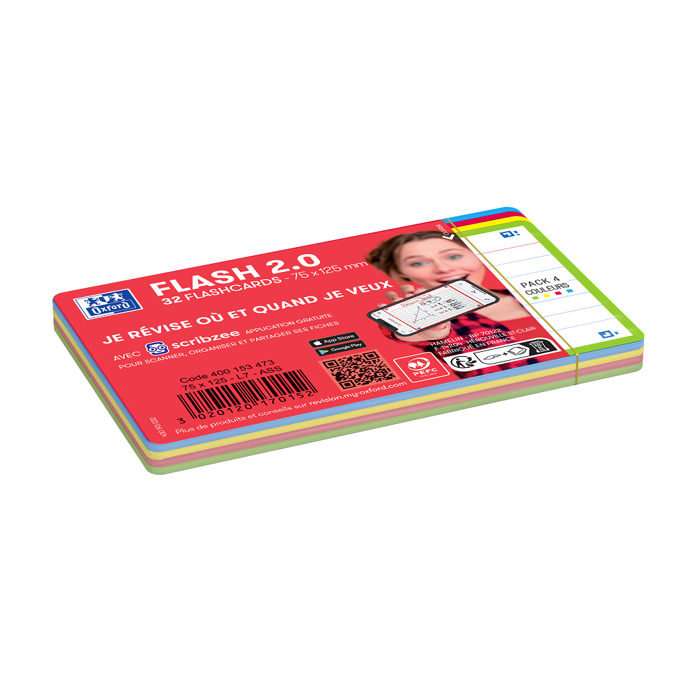 FICHES BRISTOL OXFORD FLASH 2.0 75X125MM 32 FICHES/FILM   L7MM COULEUR ASSORTIES