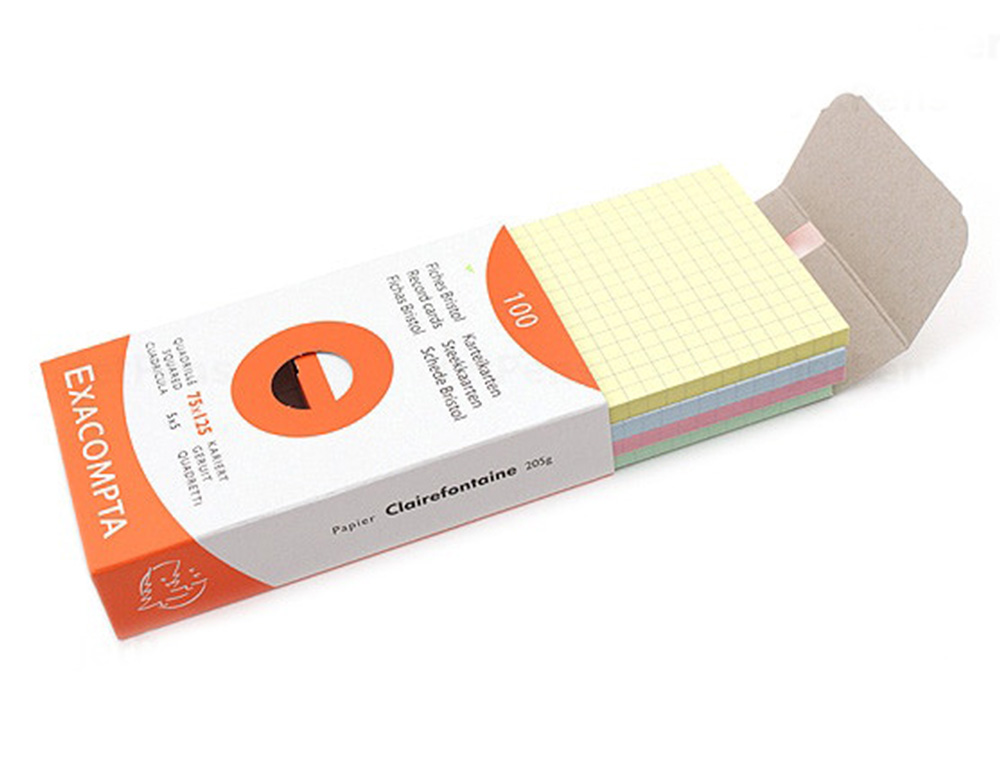 ETUI 100 FICHES EXACOMPTA BRISTOL QUADRILLEE 5X5 NON PERFOREE ASSORTIS 125X200MM