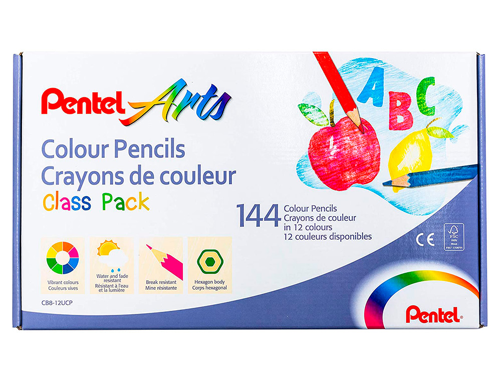BOITE DE 144 CRAYONS DE COULEURS PENTEL CORPS HEXAGONAL EN BOIS COLORIS ASSORTIS