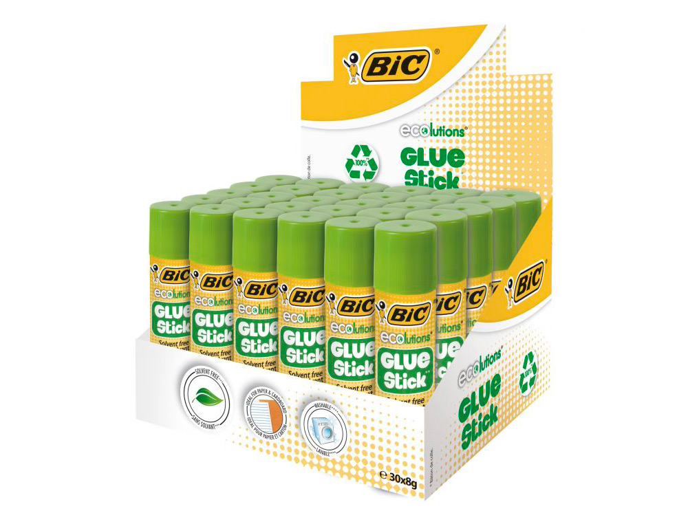 COLLE BIC ECOLUTIONS GLUE STICK - LAVABLE - COLLE LE PAPIER ET LE CARTON -TUBE DE 8 GR BOITE DE 30