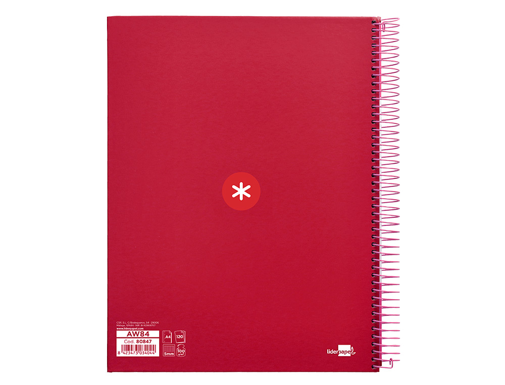 CAHIER SPIRALE ANTARTIK A4 240P 100G REMBORDE 5X5MM      MICROPERFORE 5 BANDES 4 TROUS COLORIS FRAMBOISE