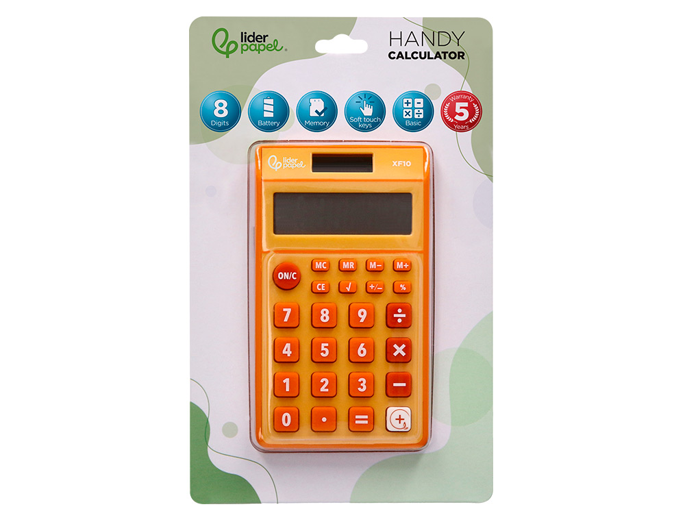 CALCULATRICE DE POCHE LIDERPAPEL XF10 8 CHIFFRES    SOLAIRE ET PILES 115X65X8 MM  COLORIS ORANGE