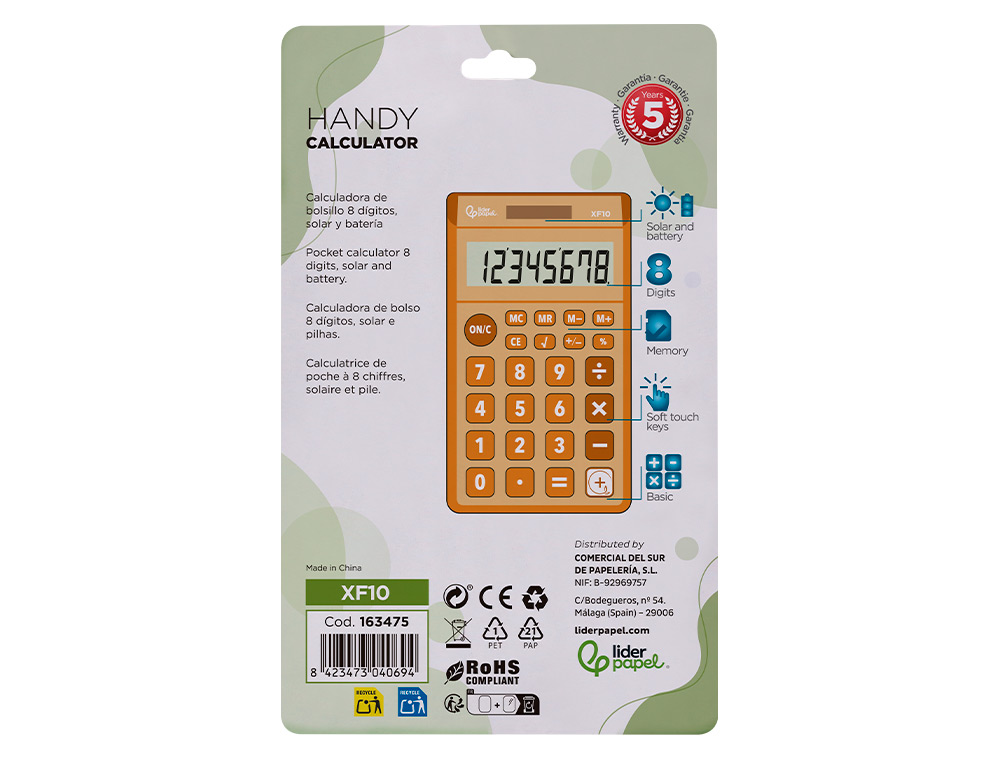 CALCULATRICE DE POCHE LIDERPAPEL XF10 8 CHIFFRES    SOLAIRE ET PILES 115X65X8 MM  COLORIS ORANGE