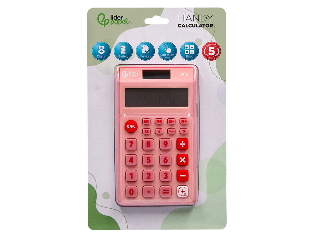 CALCULATRICE DE POCHE LIDERPAPEL XF12 8 CHIFFRES SOLAIRE ET PILES 115X65X8 MM COLORIS ROSE