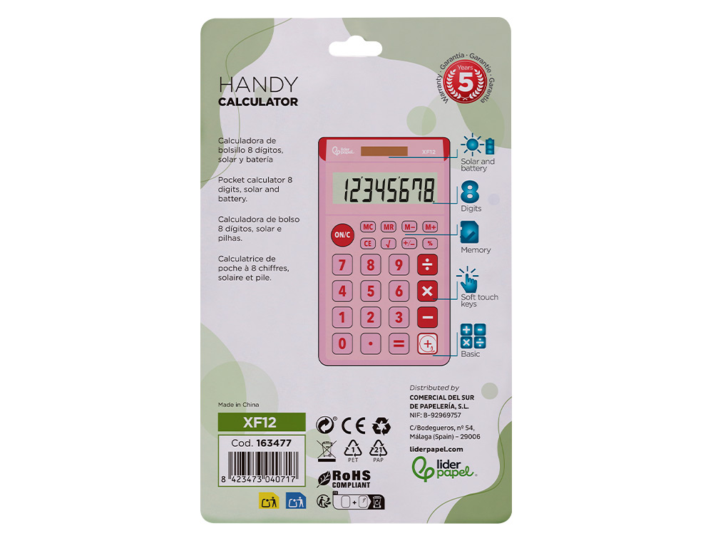 CALCULATRICE DE POCHE LIDERPAPEL XF12 8 CHIFFRES SOLAIRE ET PILES 115X65X8 MM COLORIS ROSE