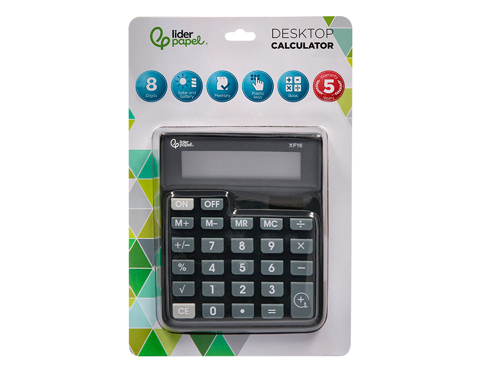 CALCULATRICE DE BUREAU LIDERPAPEL XF16 8 CHIFFRES    SOLAIRE ET PILES 127X105X24   MM COLORIS NOIR