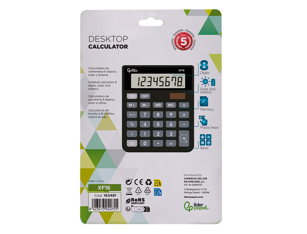CALCULATRICE DE BUREAU LIDERPAPEL XF16 8 CHIFFRES    SOLAIRE ET PILES 127X105X24   MM COLORIS NOIR
