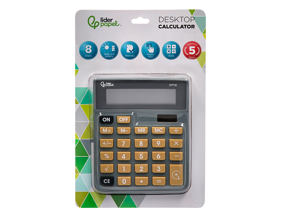 CALCULATRICE DE BUREAU LIDERPAPEL XF18 8 CHIFFRES    SOLAIRE ET PILES 127X105X24   MM COLORIS GRIS