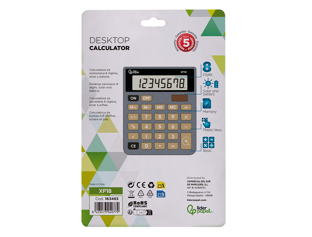 CALCULATRICE DE BUREAU LIDERPAPEL XF18 8 CHIFFRES    SOLAIRE ET PILES 127X105X24   MM COLORIS GRIS