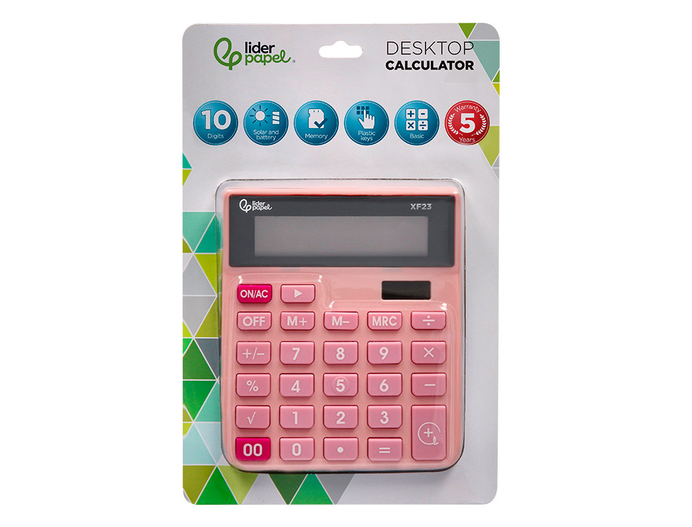 CALCULATRICE DE BUREAU LIDERPAPEL XF20 10 CHIFFRES   SOLAIRE ET PILES 127X105X24   MM COLORIS ROSE
