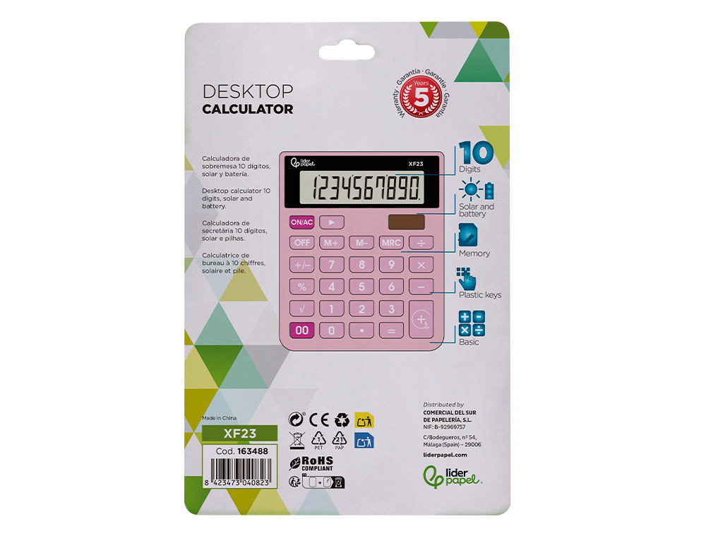 CALCULATRICE DE BUREAU LIDERPAPEL XF20 10 CHIFFRES   SOLAIRE ET PILES 127X105X24   MM COLORIS ROSE