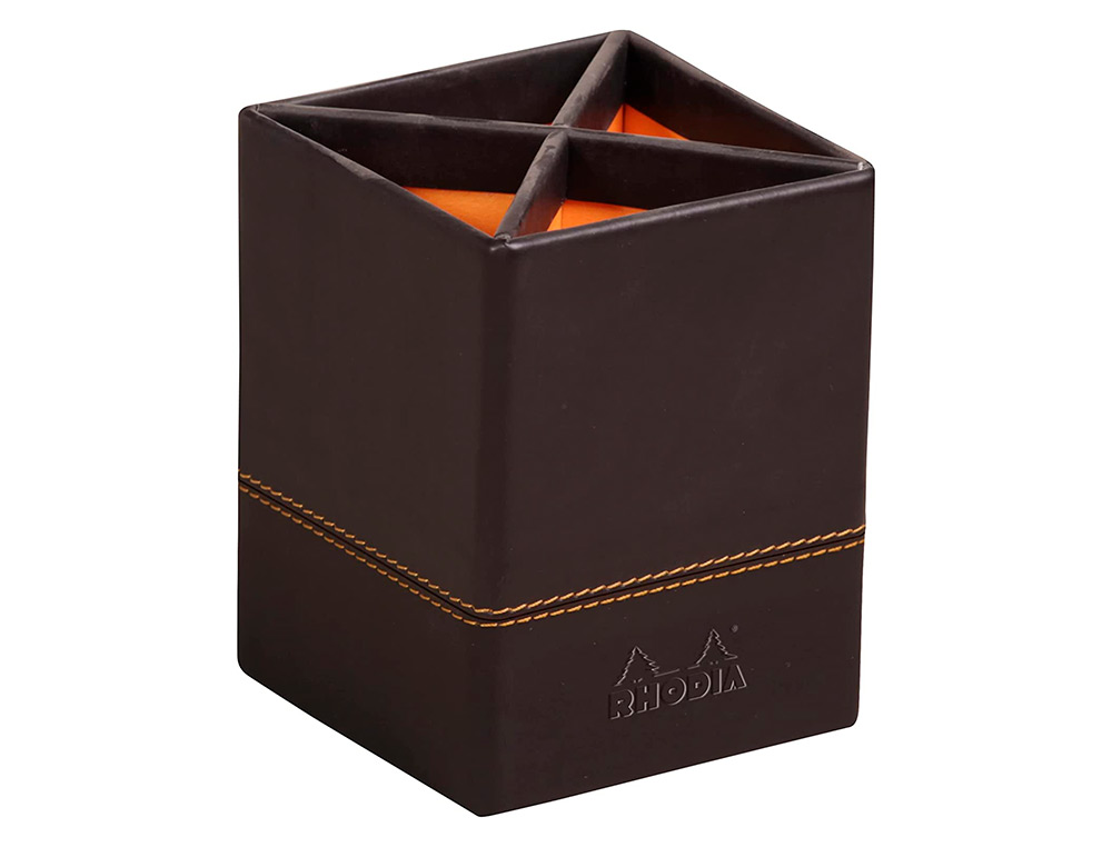 POT   CRAYONS RHODIARAMA QUATRE COMPARTIMENTS EN SIMIL CUIR NOIR VELOUT   8X8X11CM