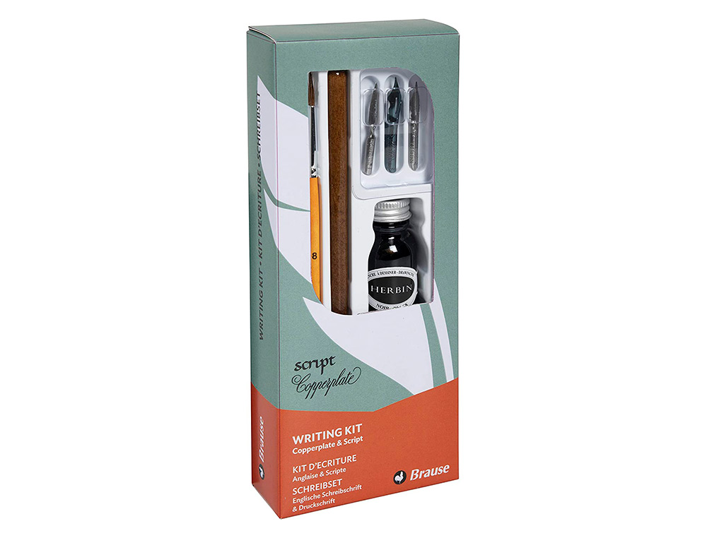 COFFRET PLUMES- CRITURE BRAUSE COMPOS  DE 1 PLUME EN  BOIS 3 PLUMES 1 PINCEAU 1     FLACON D'ENCRE NOIRE 15ML