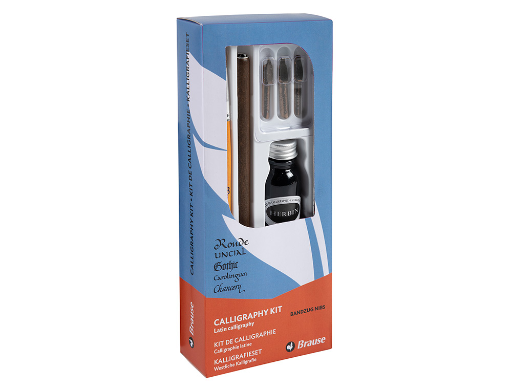 COFFRET PLUMES-CALLIGRAPHIE BRAUSE COMPOS DE 1 PLUME EN BOIS 3 PLUMES 1 PINCEAU 1 FLACON D'ENCRE NOIRE 15ML