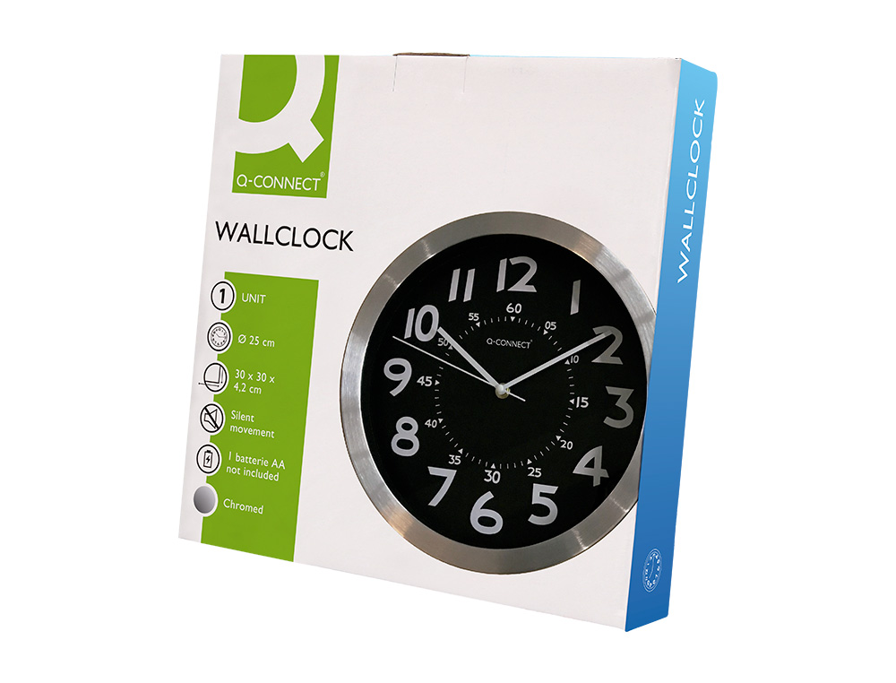 HORLOGE Q-CONNECT MURALE METALLIQUE MOUVEMENT SILENCIEUX DIAMETRE 25 CM COLORIS CHROME