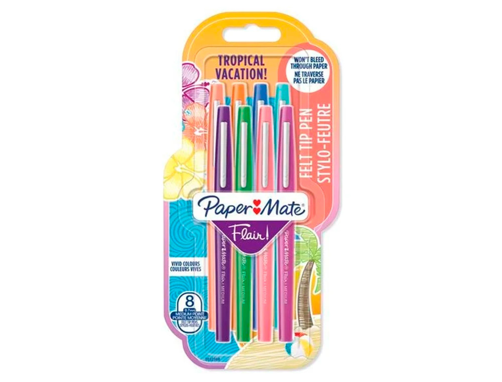 FEUTRE ECRITURE PAPER MATE FLAIR TROPICAL POINTE MOYENNE 0,7MM ENCRES ASSORTIES BLISTER 8 COULEURS