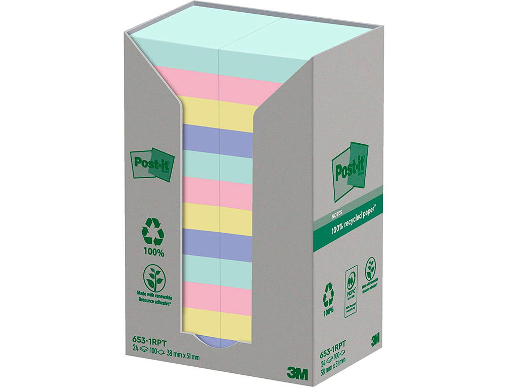 BLOC-NOTES POST-IT 24 BLOCS X 100 FEUILLES 38X51MM COLORIS  ASSORTIES