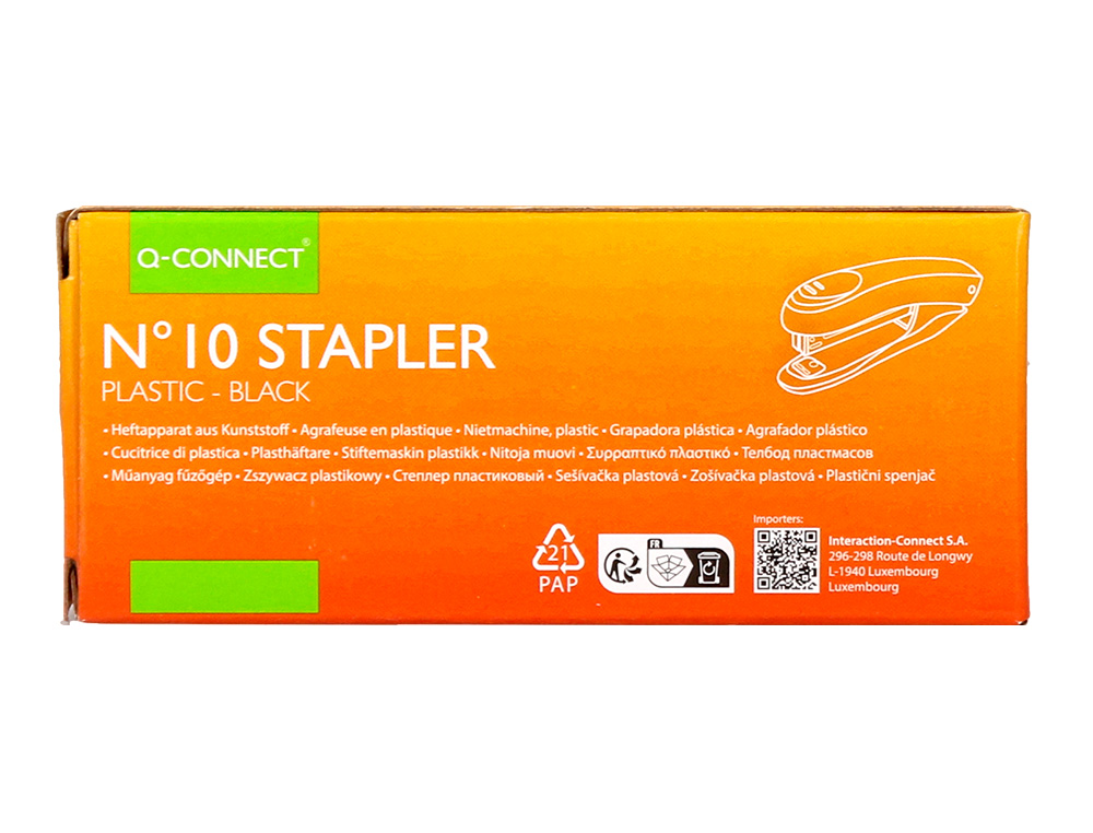 AGRAFEUSE BUREAU Q-CONNECT KF14212 PLASTIQUE CAPACITE 10 FEUILLES AGRAFES N10 COLORIS NOIR