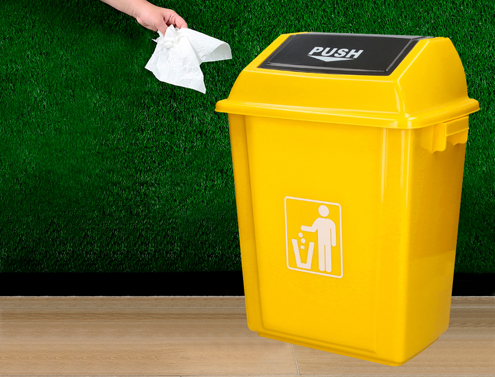 POUBELLE Q-CONNECT PLASTIQUE COUVERCLE BASCULANT 58L       470X330X760MM COLORIS JAUNE